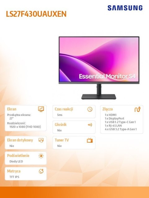 Samsung Monitor 27 cali S43UF IPS 1920x1080 FHD 16:9 1xHDMI 1xDP 1xUSB-C 4xUSB-A 3.2 5ms 100Hz HAS+PIV płaski 3YOn-Site (LS27F430UAUXEN)