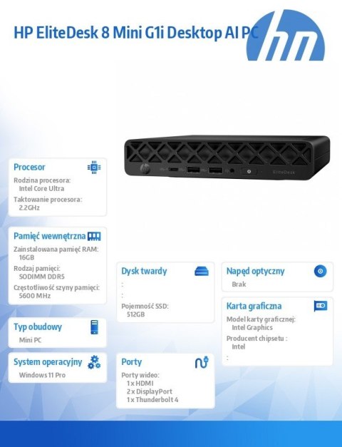 HP Inc. Komputer EliteDesk 8 Mini G1i U5-235T 512GB/16GB/W11P 998Z8ET