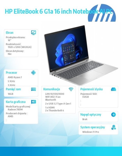 HP Inc. Laptop EliteBook 6 G1a R7-250 512GB/16GB/W11P/16 cali C51N5ET
