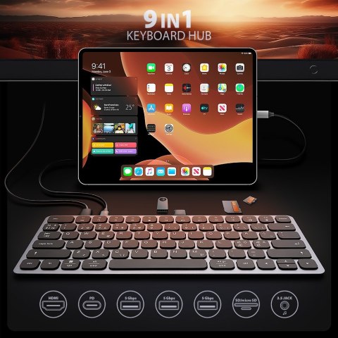 AXAGON Klawiatura HMC-KB-NRD USB-C 5Gbps z wieloportowy hub 9in1, SD/microSD, 3x USB-A, HDMI 4K/60Hz, PD 100W, Audio, Nordic layout, 60