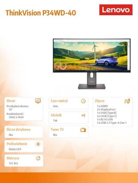 Lenovo Monitor ThinkVision P34WD-40 34 cale 64ADZAT1EU