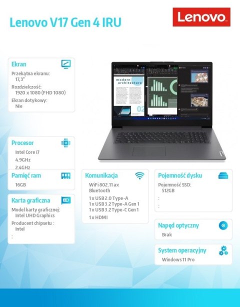 Lenovo Laptop V17 G4 83A2004HPB W11Pro i7-13620H/2X8GB/512GB/INT/17.3 FHD/Iron Grey/3YRS OS + 2Yr CI