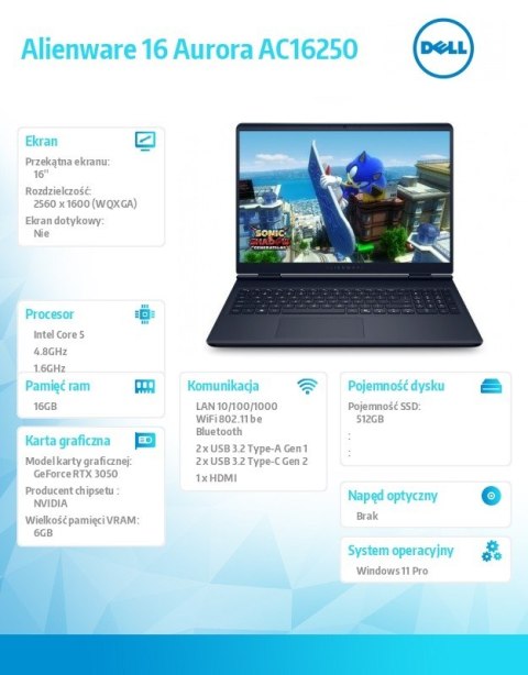 Dell Laptop Alienware 16 Aurora AC16250 Win11Pro C5 210H/16GB/512GB SSD/16.0 WQXGA/GeForce RTX 3050/WLAN + BT/Backlit Kb/3 Cell /3Y B