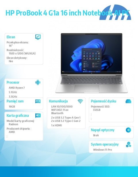 HP Inc. Laptop ProBook 4 G1a R7-250 512GB/16GB/W11P/16.0 C51HNET