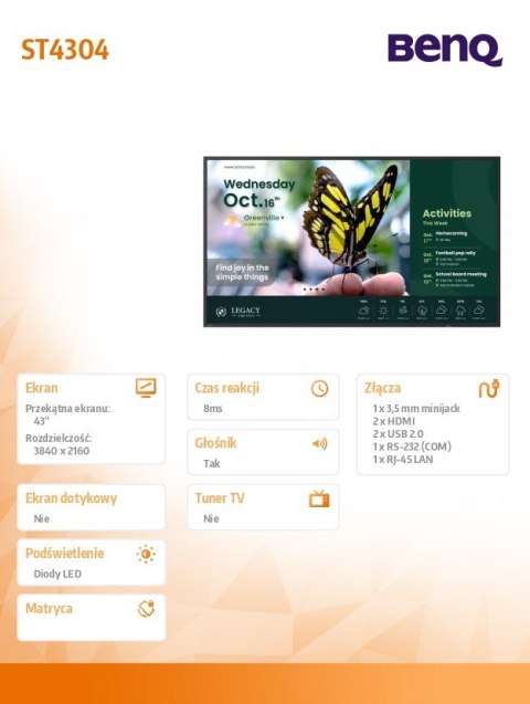 Benq Monitor wielkoformatowy 43 cale ST4304 4K/1200:1/ANDROID