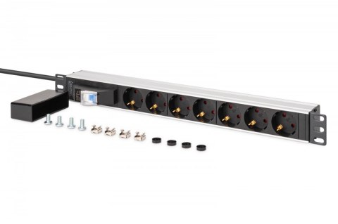 Digitus Listwa zasilająca PDU Rack 19" z wyłącznikiem nadprądowym Typ C 16A, 7 gniazd Schuko CEE 7/3 (45°), kabel 1,8m wtyk Unischuko CE