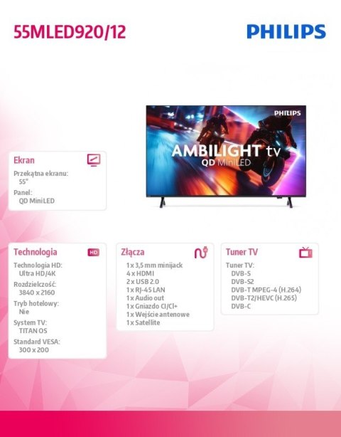 Philips Telewizor QD MiniLED 55 cali 55MLED920/12