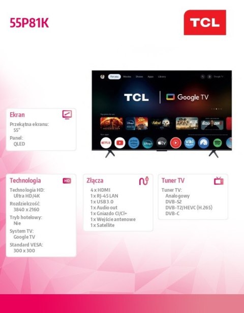 TCL Telewizor QLED 55 cali 55P81K