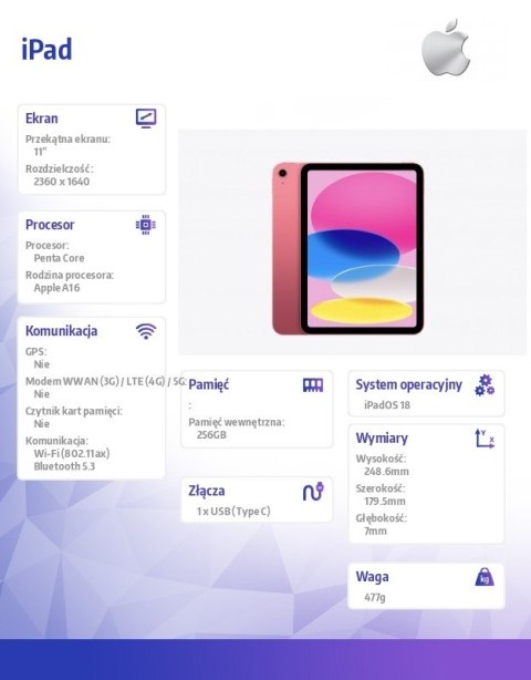 Apple IPad WiFi 11 cali 256GB Różowy