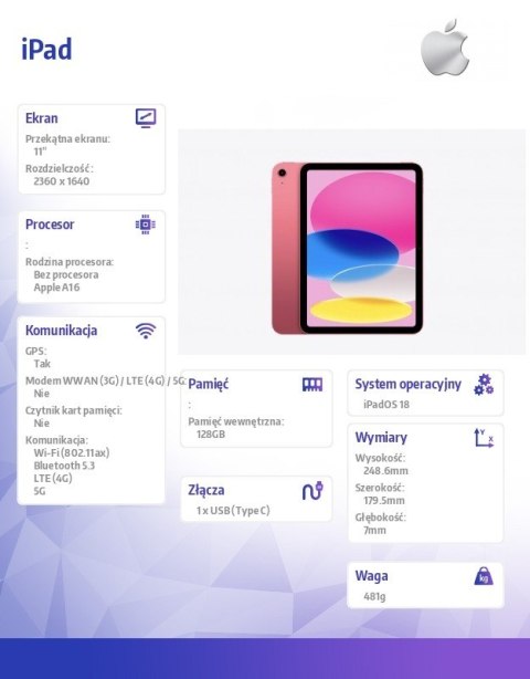 Apple IPad WiFi + Cellular 11 cali 128 GB Różowy
