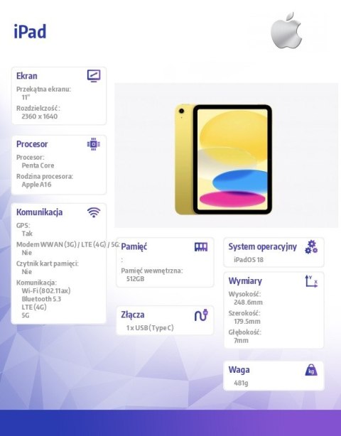 Apple IPad WiFi + Cellular 11 cali 512 GB Żółty