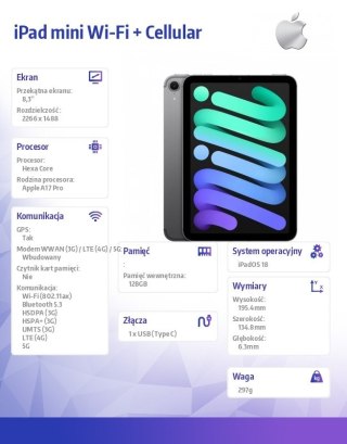 Apple IPad mini Wi-Fi + Cellular 128GB Gwiezdna szarość