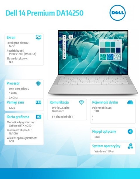 Dell Laptop Dell 14 Premium DA14250 Win11Pro U7-255H|32GB|1TB SSD|Nvidia RTX 4050 |WLAN + BT|14.5 FHD|Backlit Kb|6 Cell|100W