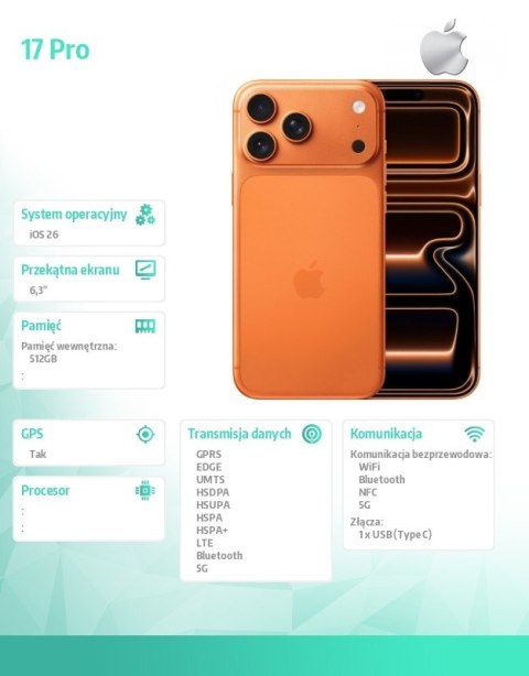 Apple IPhone 17 PRO 512GB Kosmiczny pomarańcz