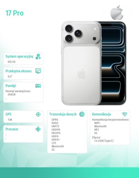 Apple IPhone 17 PRO Srebrny 256GB