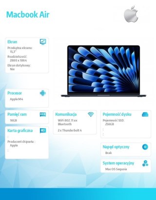 Apple MacBook Air 15.3 cala: M4 10/10, 16GB, 256GB - Północ