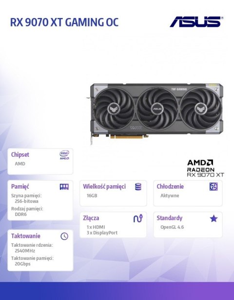 Asus Karta graficzna Radeon RX 9070 XT GAMING OC 16GB GDDR6 256bit DP/HDMI