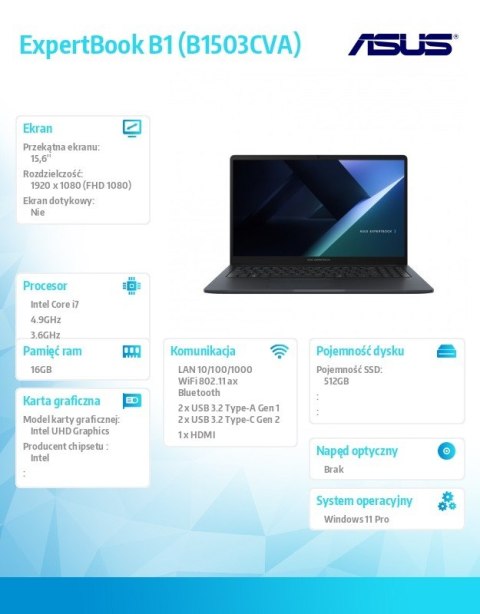 Asus Laptop ExpertBook B1 B1503CVA-S75099X - i7-13620H/16GB/512GB/15.6 FHD/Win 11 PRO/3YRS