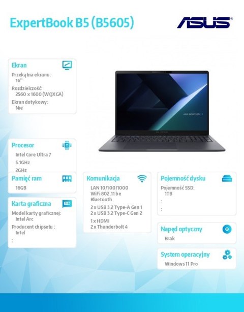 Asus Laptop ExpertBook B5 B5605CCA-PL0061X - ultra 7 255H/16GB/1TB/16 WQXGA/Win 11 PRO/3YRS