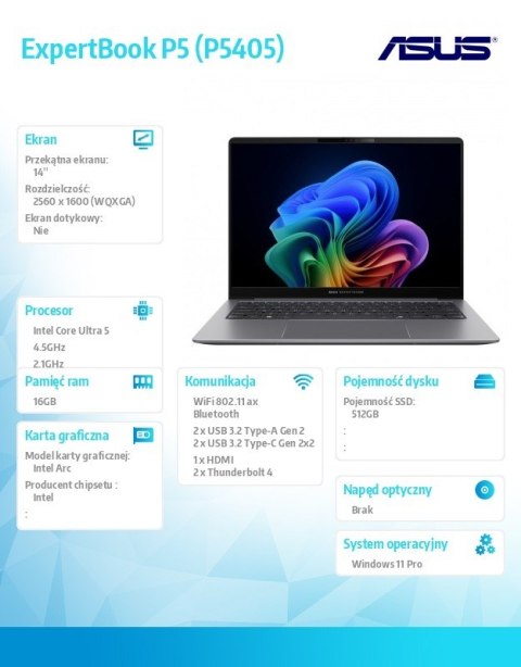 Asus Laptop ExpertBook P5 P5405CSA-NZ0416W Ultra 5 226V/16GB/512GB/14 WQXGA/Win 11Home/3YRS Copilot+PC