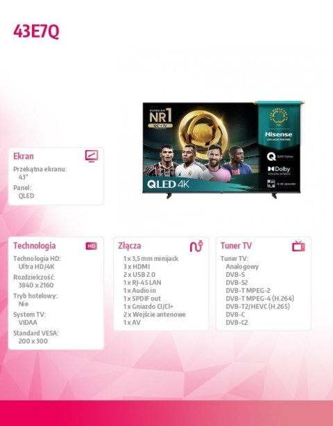 Hisense Telewizor QLED 43 cale 43E7Q