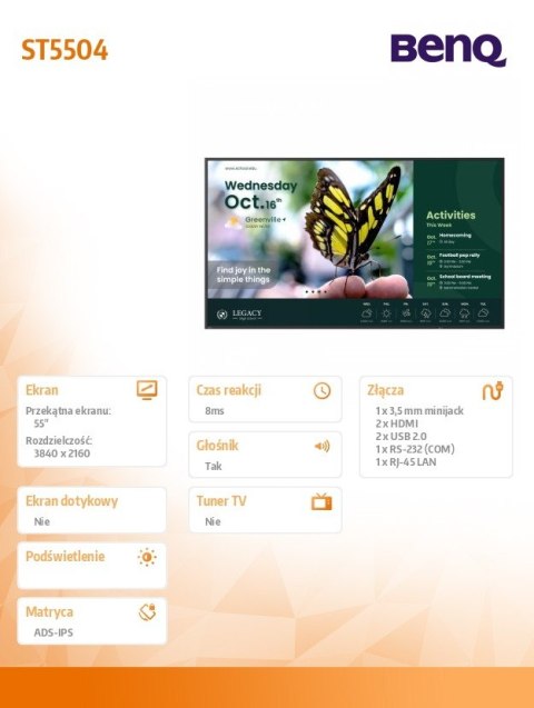 Benq Monitor wielkoformatowy 55 cali ST5504 LED 4K/4500:1/ANDROID