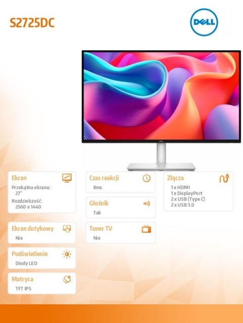 Dell Monitor 27 cali S2725DC QHD IPS/2560x1440/HDMI/DP/3Y