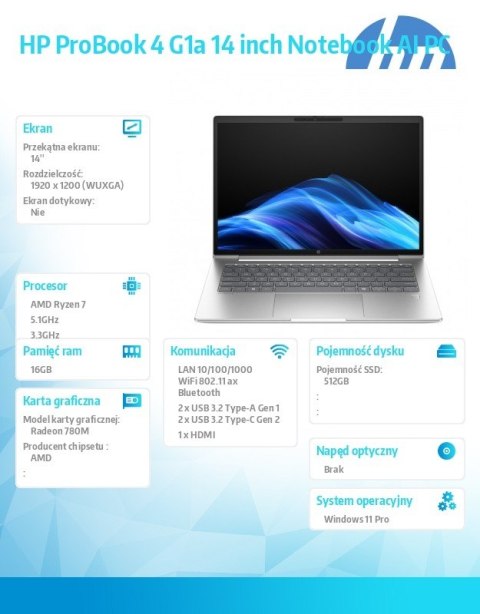 HP Inc. Laptop ProBook 4 G1a R7-250 512GB/16GB/W11P/14.0 C51HFET