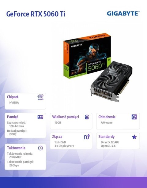 Gigabyte Karta graficzna GeForce RTX 5060 Ti WINDFORCE 16G 128BIT GDDR7 HDMI/DP