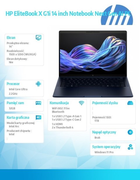 HP Inc. Laptop EliteBook X G1i U7 258V 1TB/32GB/W11P/14 B9ZY5ET
