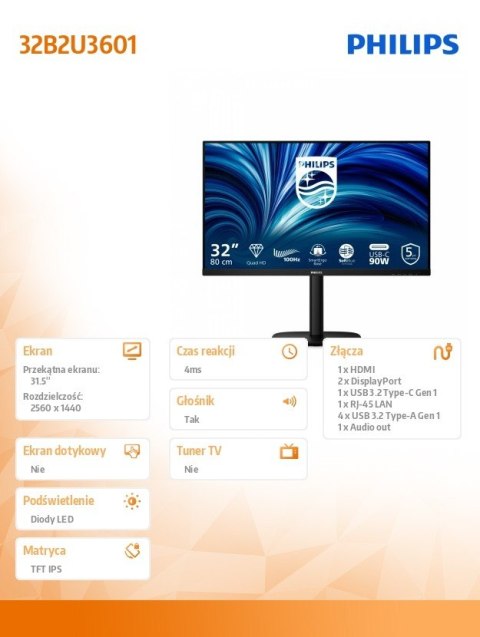 Philips Monitor 31.5 cala 32B2U3601 IPS 100Hz HDMI DP RJ45 USB-C Pivot
