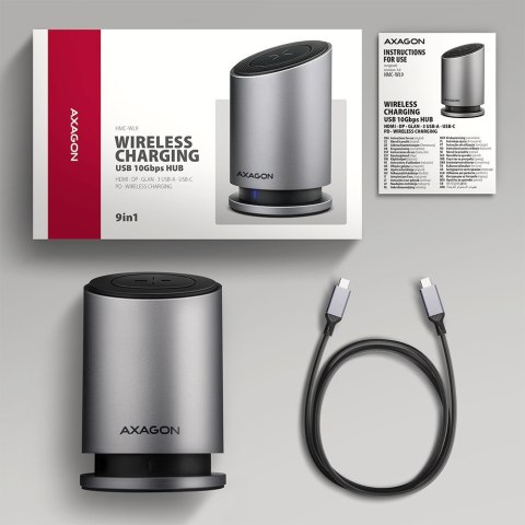 AXAGON HMC-WL9 Wieloportowy hub USB 9in1, 10Gbps, 3xUSB-A, 1xUSB-C, DP 8K/60Hz, HDMI 4K/60Hz, PD 100W, GLAN, 100cm USB-C kabel, wireles