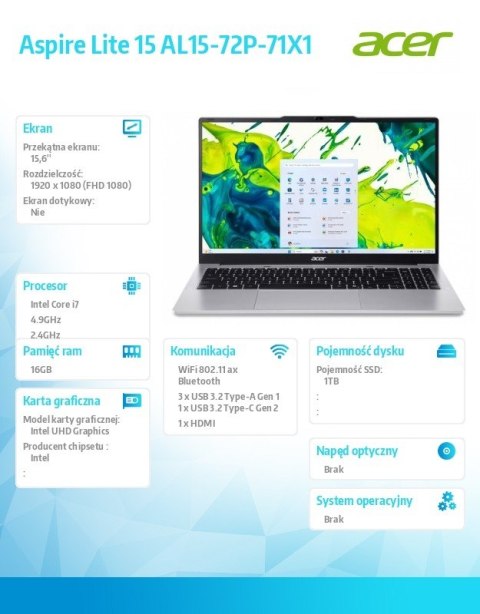 Acer Laptop Aspire Lite 15 AL15-72P-71X1 i7-13620H, 15.6 cala, FHD IPS, 16GB DDR5, 1TB SSD, NoOS