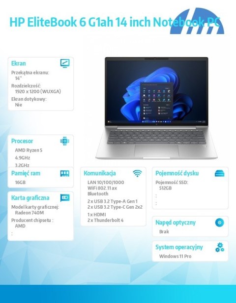 HP Inc. Laptop EliteBook 6 G1a R5-220 512GB/16GB/W11P/14 cali C51GKET