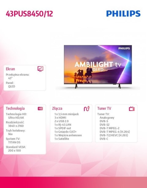Philips Telewizor QLED 43 cale 43PUS8450/12