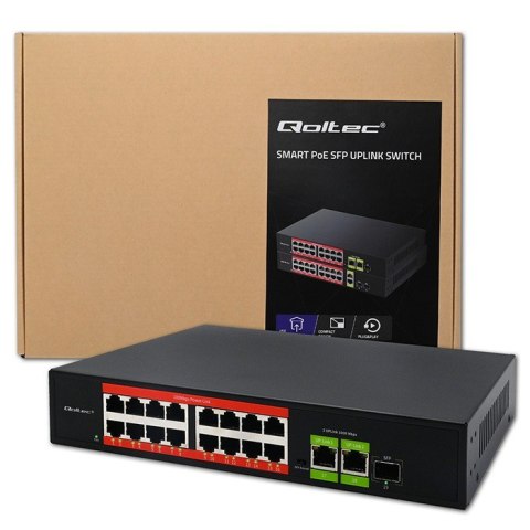 Qoltec Przełącznik sieciowy SWITCH FAST Ethernet PoE | 16x RJ45 10/100 Mb/s | 2x RJ45 Uplink 1000 Mb/s | 1x SFP 1000Mb/s