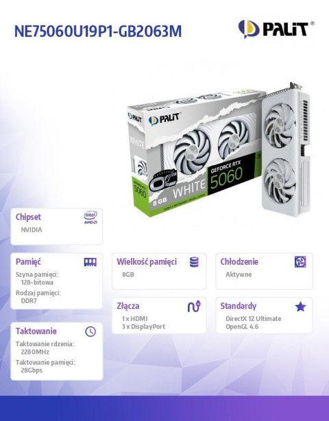 Palit Karta graficzna GeForce RTX 5060 WHITE OC 8GB GDDR7 128bit 3DP/HDMI