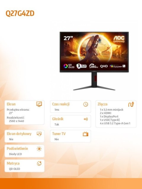 AOC Monitor Q27G4ZD 27'' QD-OLED 240Hz HDMIx2 DP Pivot Głośniki