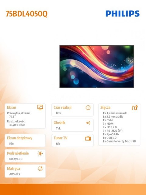 Philips Monitor wielkoformatowy 75BDL4050Q 75 cali Public Display