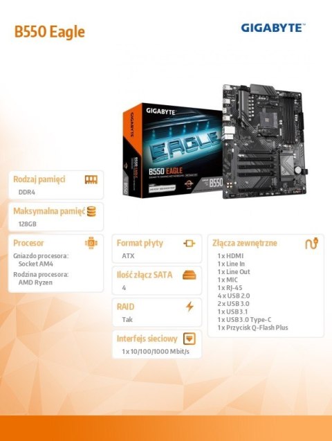 Gigabyte Płyta główna B550 EAGLE AM4 4DDR4 HDMI ATX