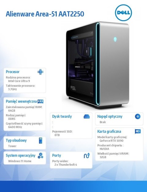 Dell Komputer Alienware Area-51 AAT2250 Win 11 Home / Intel Core Ultra 9 / 64GB / 6TB / RTX5090 / 2Y Alienware Elite Care