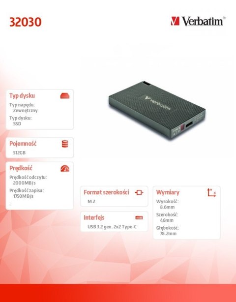 Verbatim Dysk Metal Mini SSD 512GB USB-C 32030