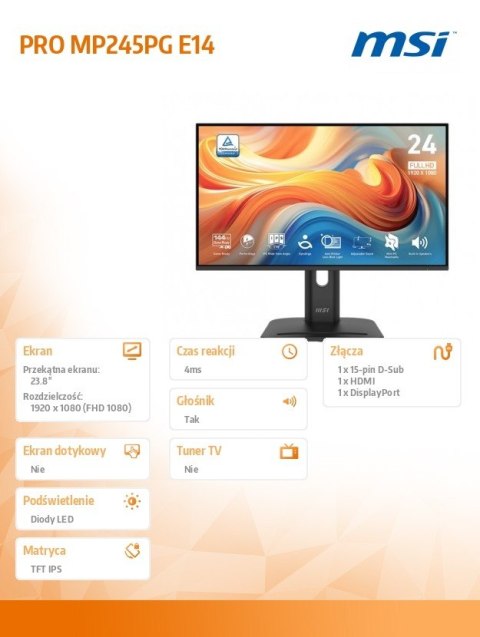 MSI Monitor PRO MP245PG E14 23.8 cala/LED/FHD/Flat/144Hz/Black