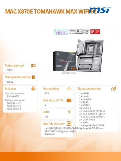 MSI Płyta główna MAG X870E TOMAHAWK MAX WIFI PZ AM5 4DDR5 ATX