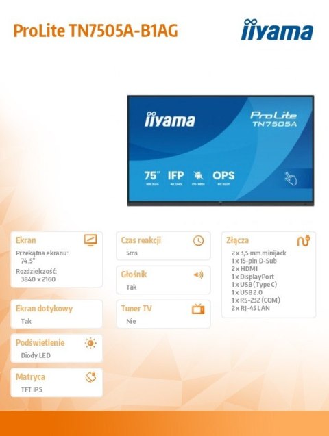 IIYAMA Monitor 75 cali TN7505A-B1AG IPS,4K,40pkt,500cd,nonOS,1200:1,5ms, DeepContrast-IR+, 1xVGA,2xHDMI,DP,USB-C(PD65W),2xRJ45,2x20W