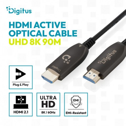 Digitus Kabel połączeniowy hybrydowy HDMI AOC | HDMI-A męski-męski | HDMI 2.1 | UHD-2 8K@60Hz | 48Gbps |HDR, eARC, HDCP 2.2, CEC | 90m