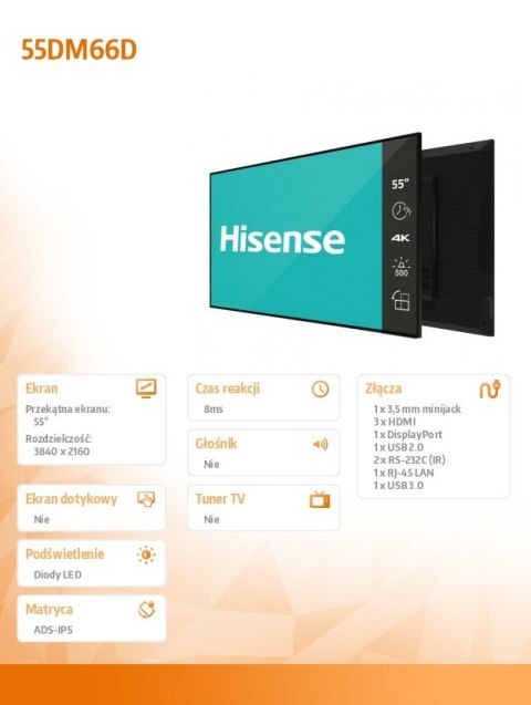 Hisense Monitor 55DM66D 55 cali 4K UHD IPS Digital Signage Display 24/7