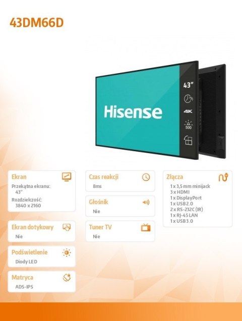 Hisense Monitor LFD 43DM66D 43 cale 4K UHD IPS Digital Signage Display 24/7