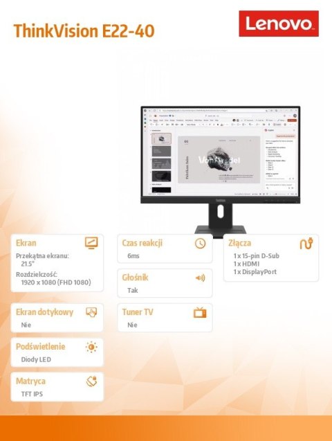 Lenovo Monitor 21.5 cala ThinkVision E22-40 64C9MAT6EU