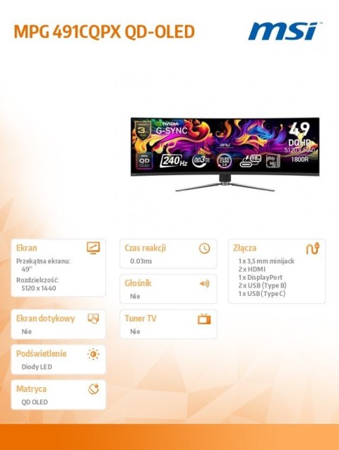 MSI Monitor MPG 491CQPX QD-OLED LED/QD-LED/Zakrzywiony/240Hz/49 cali/Czarny